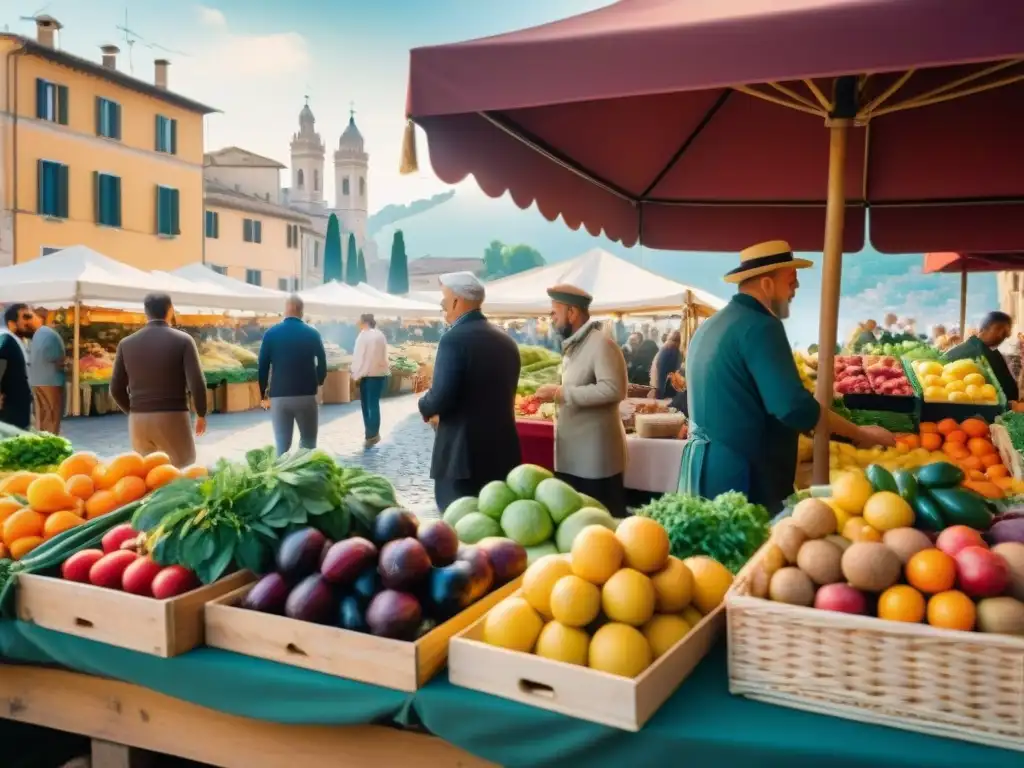 Un mercado italiano vibrante con frutas y verduras frescas, reflejando la dieta italiana para una piel radiante