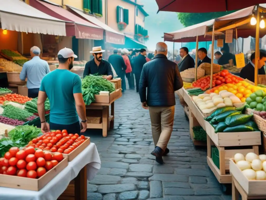 Mercado italiano vibrante con ingredientes frescos bajo el sol mediterráneo