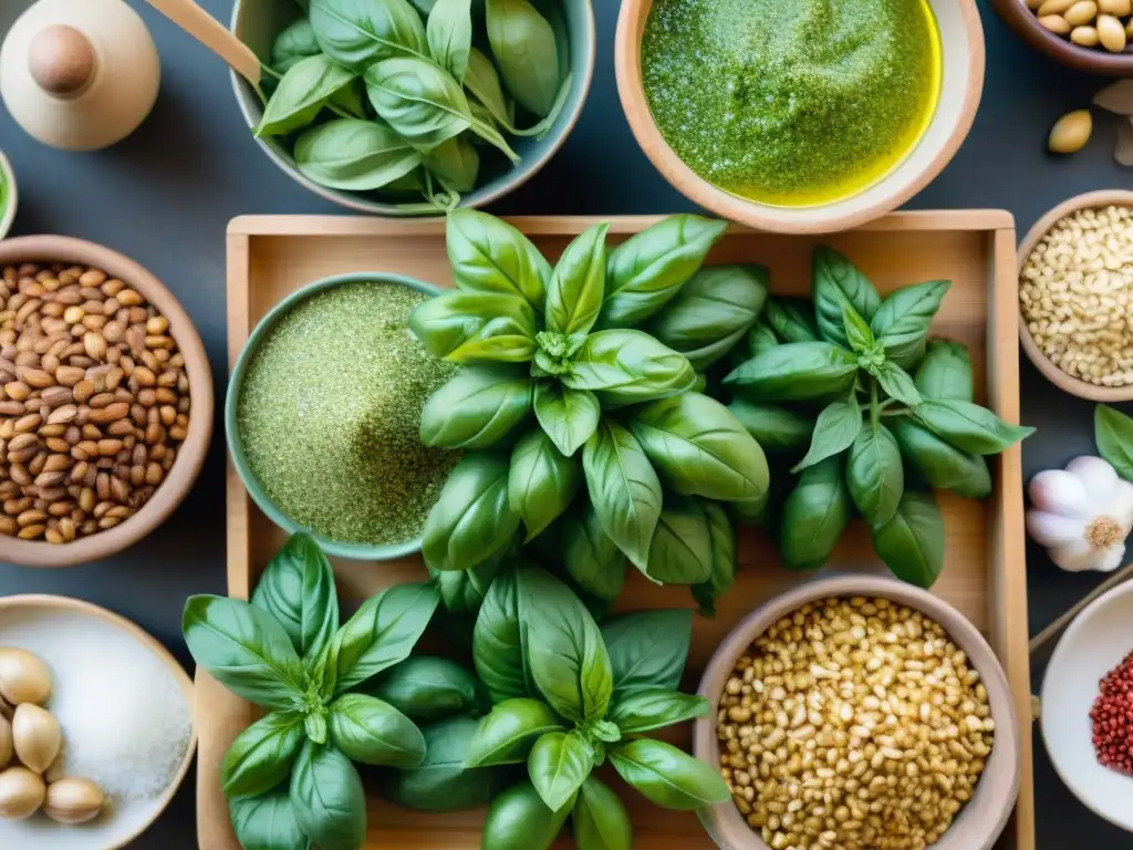 Un mercado italiano vibrante con ingredientes para recetas veganas de pesto italiano