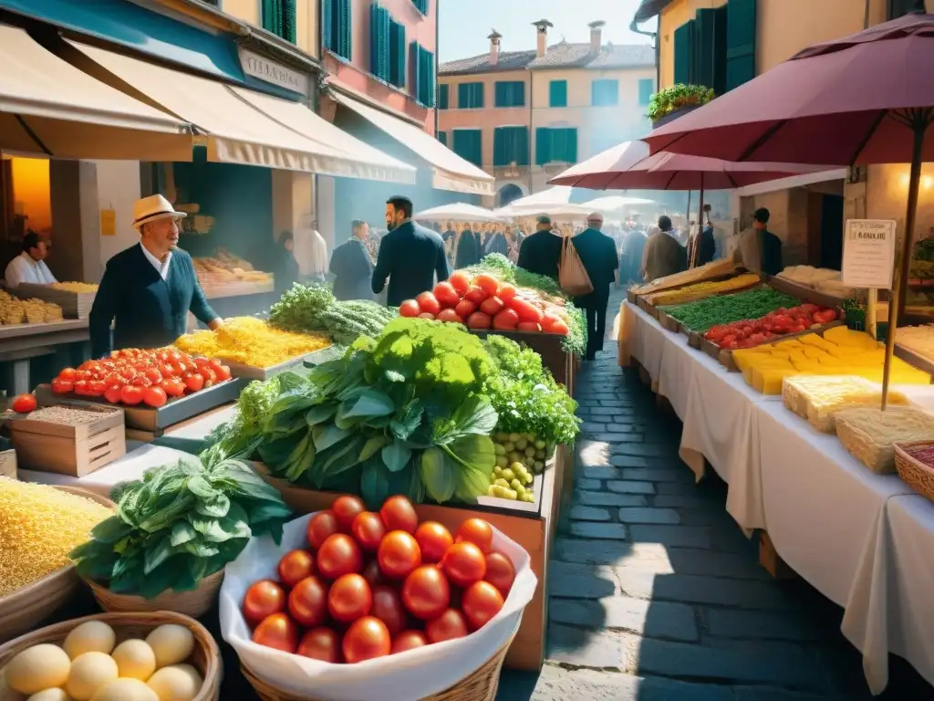 Un mercado italiano vibrante, lleno de coloridos puestos de Cocina italiana sin gluten y productos tradicionales