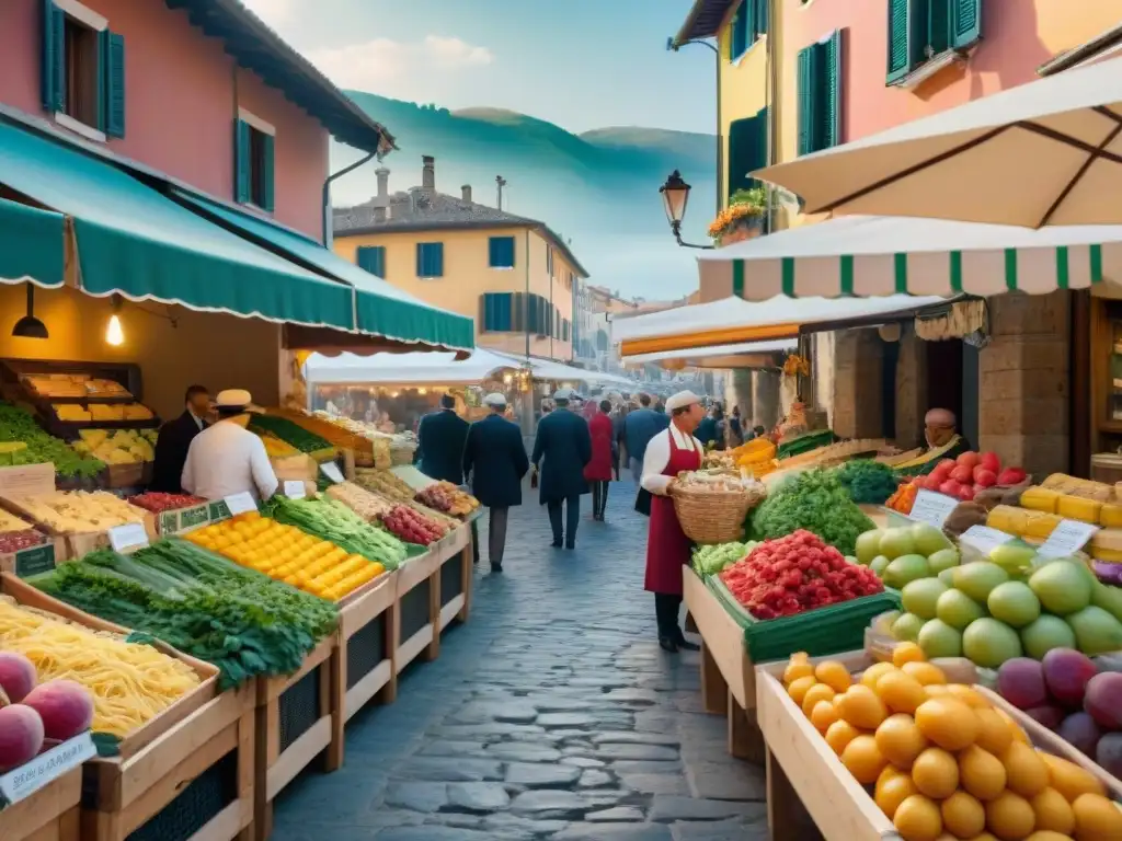 Mercado italiano vibrante con productos frescos y coloridos bajo toldos rayados