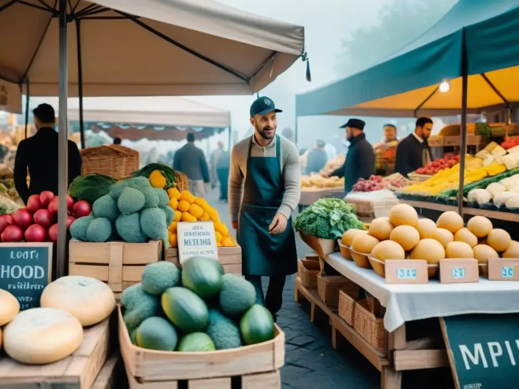 Mercado italiano vibrante con productos frescos y locales, reducción desperdicios cocina italiana