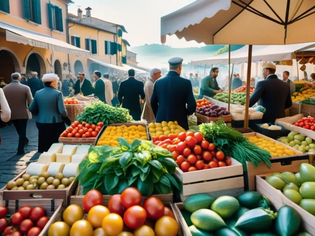 Mercado italiano vibrante con productos frescos y coloridos