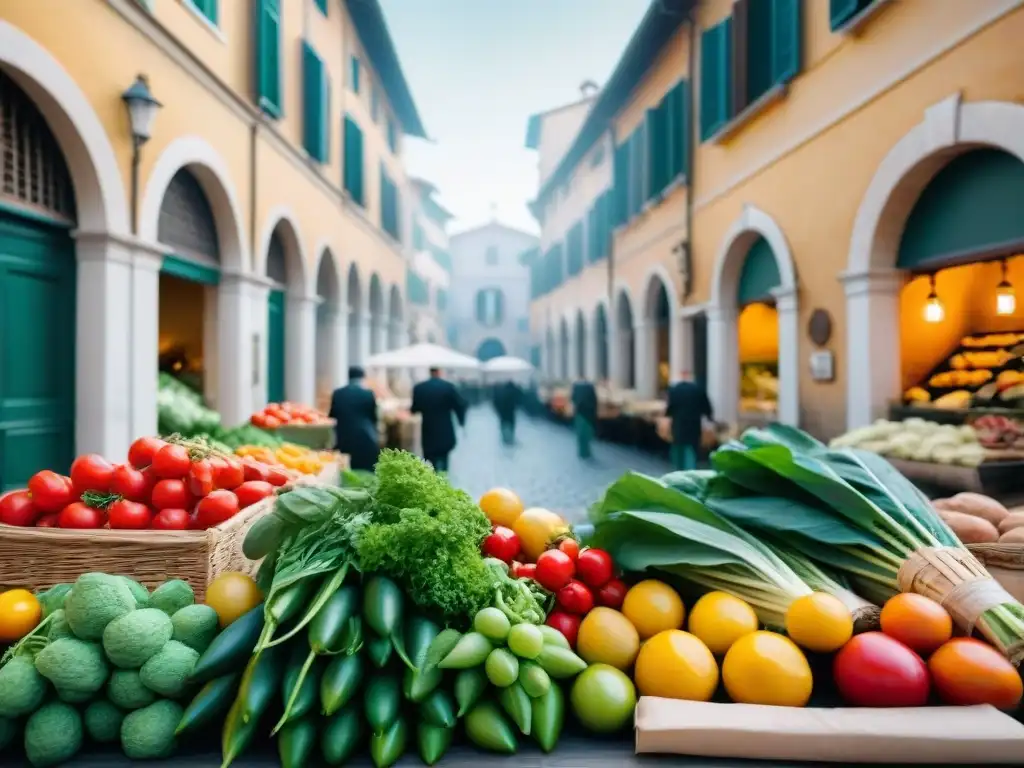 Mercado italiano vibrante con productos frescos, hierbas aromáticas y chefs preparando platos tradicionales