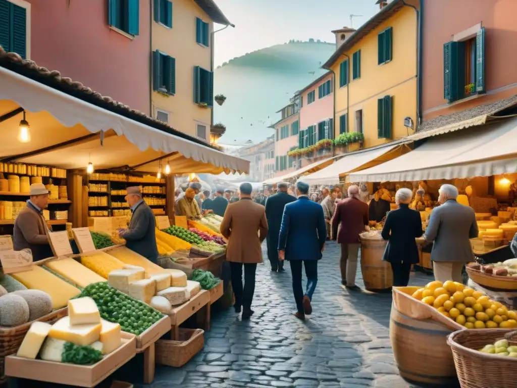 Un mercado italiano vibrante con productos fermentados coloridos y diversos, en una escena animada de intercambio y tradición