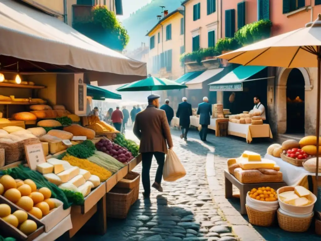 Un mercado italiano vibrante con productos frescos y vendedores apasionados bajo sombrillas coloridas