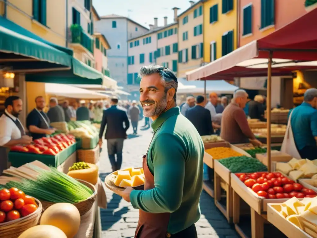 Un mercado italiano vibrante con productos frescos y coloridos