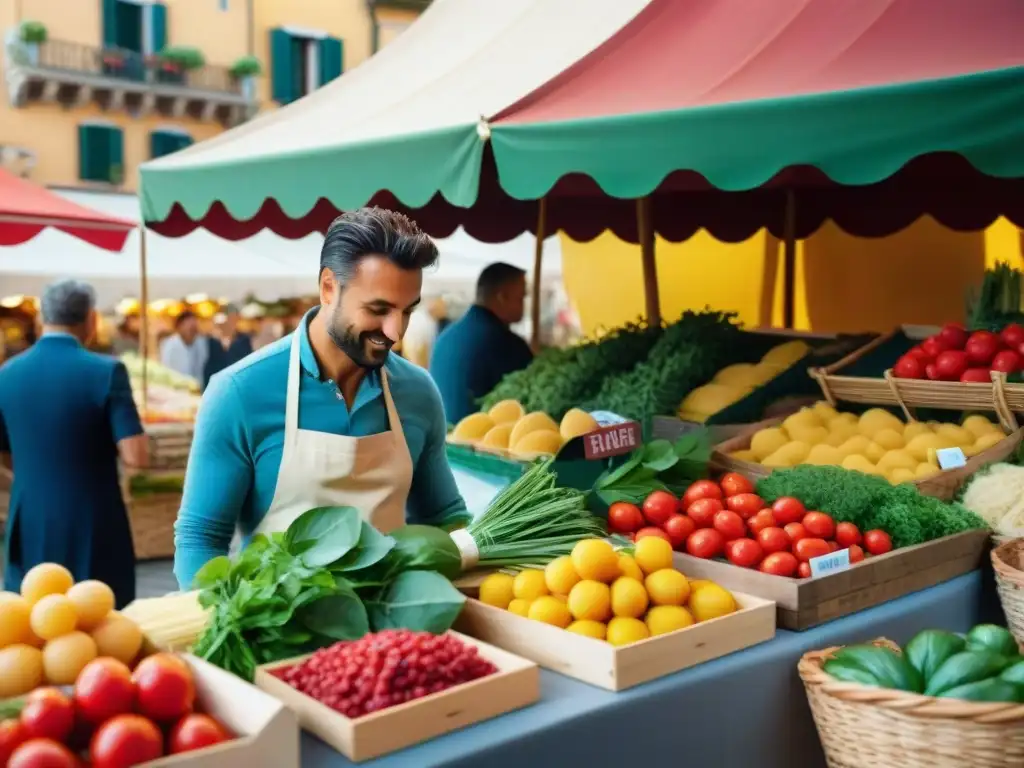 Un mercado italiano vibrante con productos frescos, hierbas aromáticas y pasta artesanal