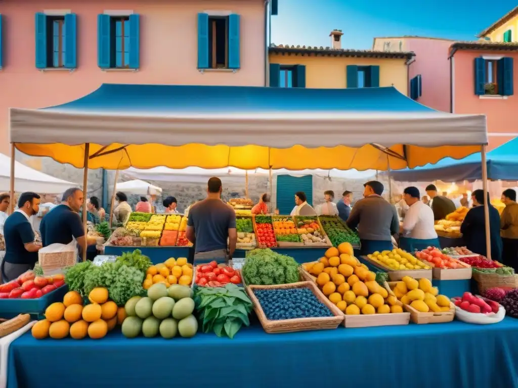 Un mercado italiano vibrante con productos frescos bajo un cielo mediterráneo azul