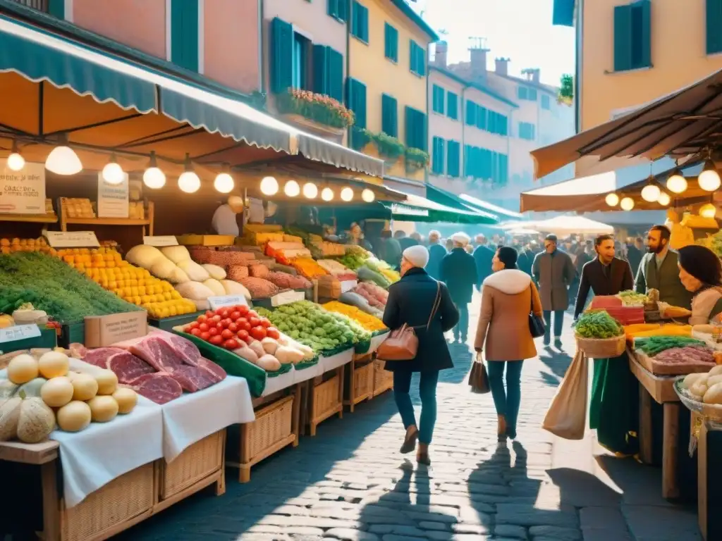 Un mercado italiano vibrante con puestos coloridos de productos frescos y gente de diversas culturas