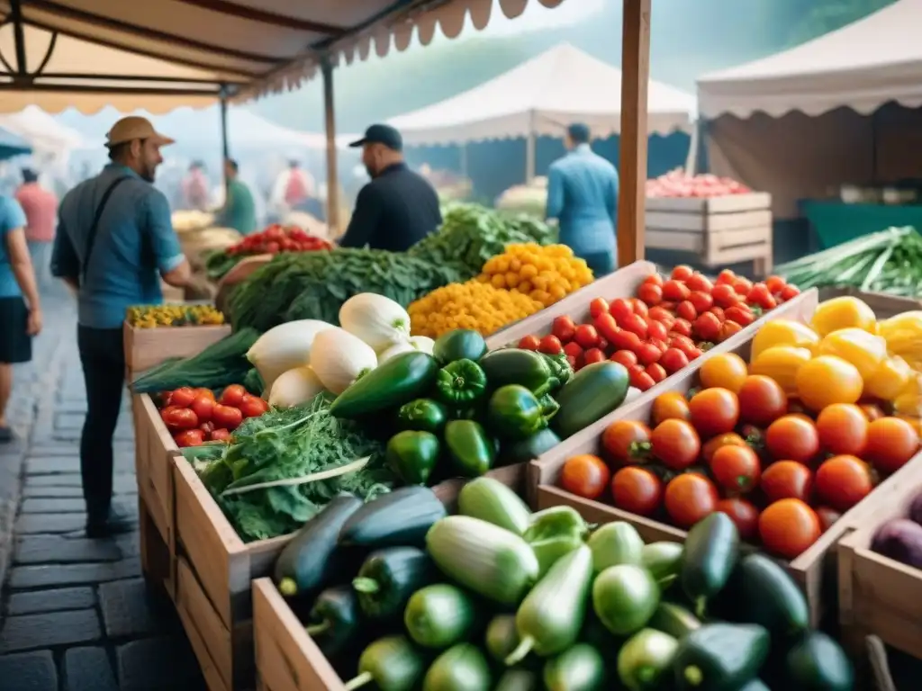 Un mercado italiano vibrante con puestos coloridos rebosantes de verduras frescas como tomates, calabacines y pimientos