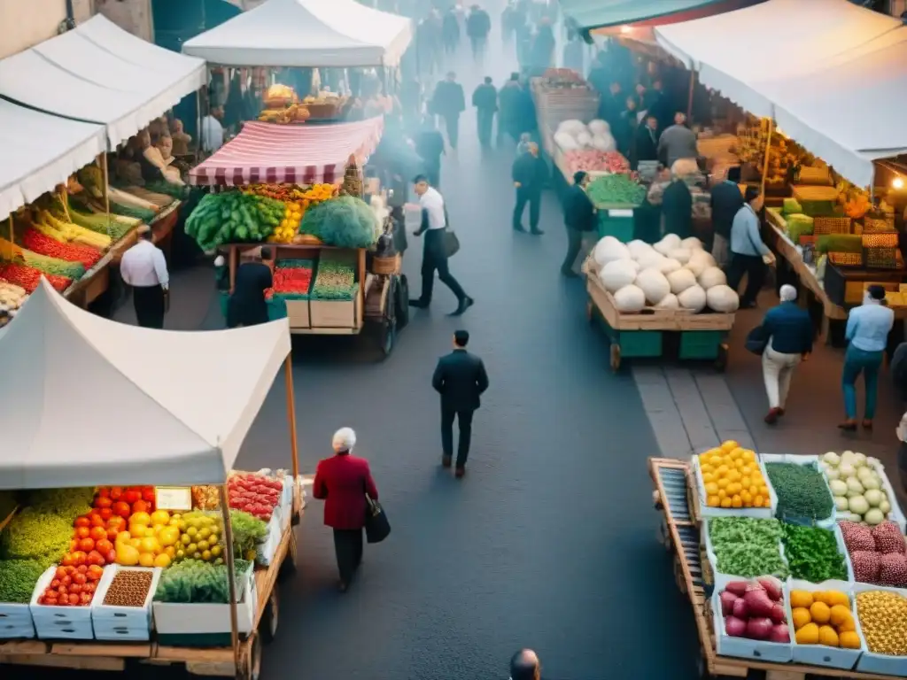 Un mercado italiano vibrante con puestos coloridos rebosantes de productos frescos y hierbas aromáticas