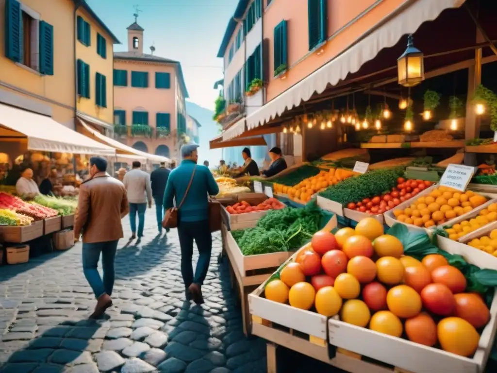 Un mercado italiano vibrante con vendedores y productos frescos, inspirando un plato de Pato a la naranja con risotto