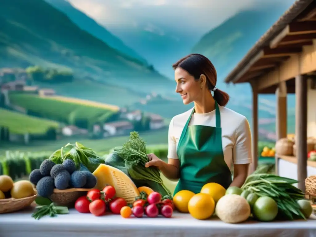 Un mercado lleno de vida en una cocina tradicional italiana en el norte, promoviendo la sostenibilidad con productos locales y conversaciones animadas