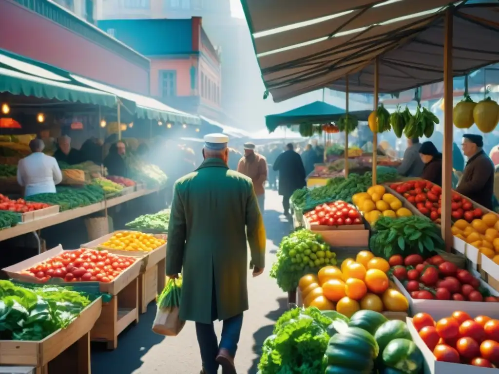 Un mercado lleno de vida con ingredientes cocina italiana tradicionales, como tomates maduros y pimientos vibrantes