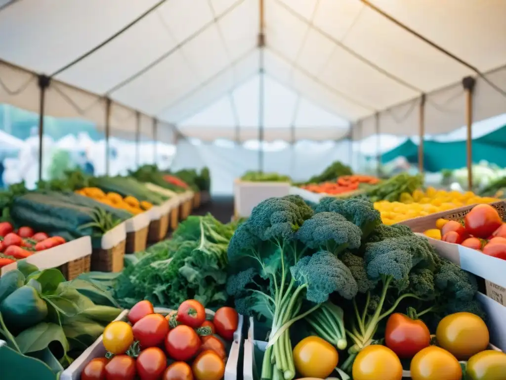 Un mercado lleno de vida con verduras frescas y coloridas bajo carpas blancas