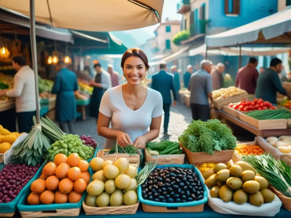 Un mercado mediterráneo animado y bullicioso, repleto de puestos coloridos con frutas frescas, verduras, aceitunas, hierbas y mariscos