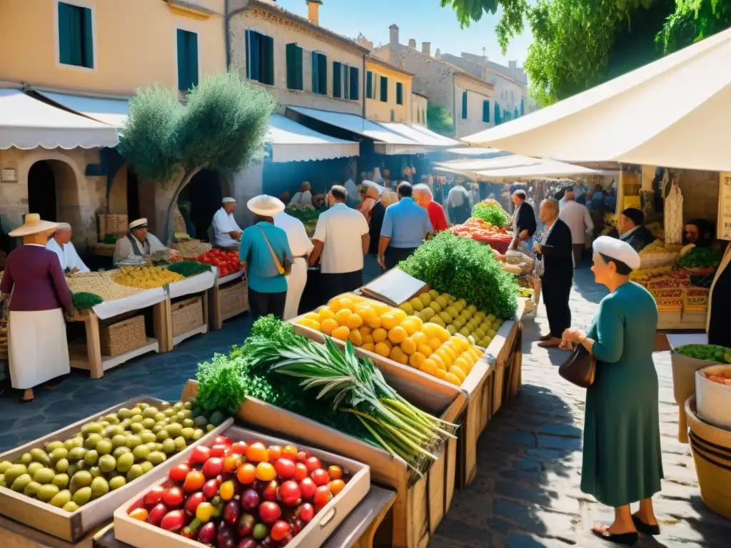 Un mercado mediterráneo bullicioso y colorido, con puestos de frutas, verduras y pescado fresco