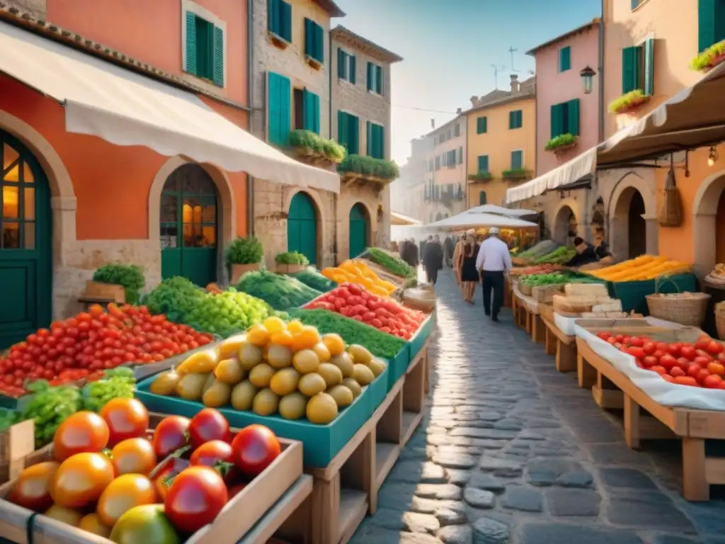 Un mercado mediterráneo bullicioso con frutas frescas, verduras y aceitunas