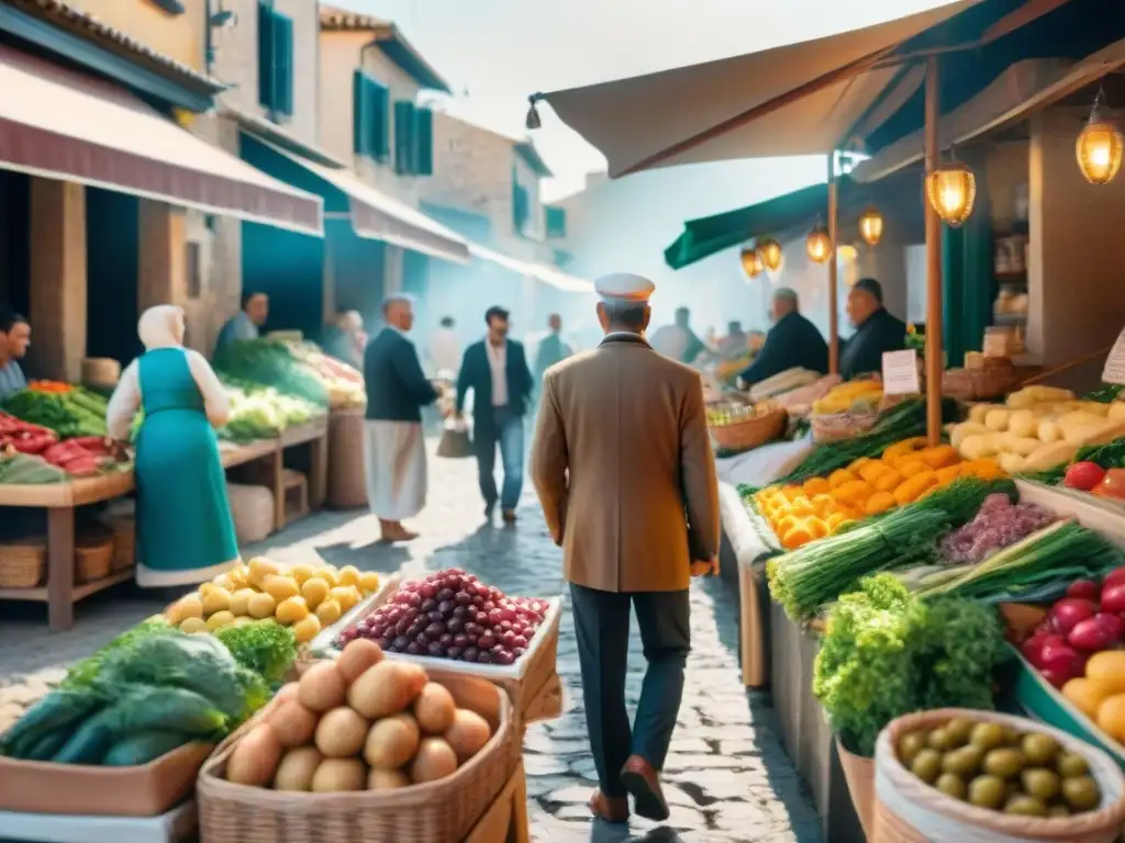 Mercado mediterráneo bullicioso con productos frescos y coloridos, reflejando los beneficios de la dieta mediterránea y la comunidad