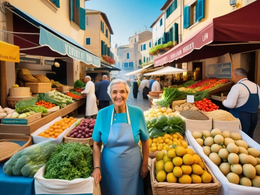 Un mercado mediterráneo bullicioso con productos frescos y coloridas especias, reflejando los beneficios de la dieta mediterránea en la prevención de enfermedades