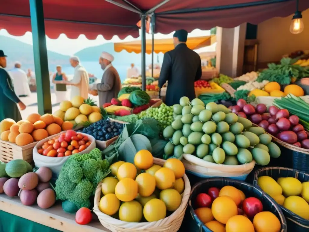 Mercado mediterráneo vibrante con productos frescos y coloridos, resaltando la conexión con la Dieta Mediterránea y la salud