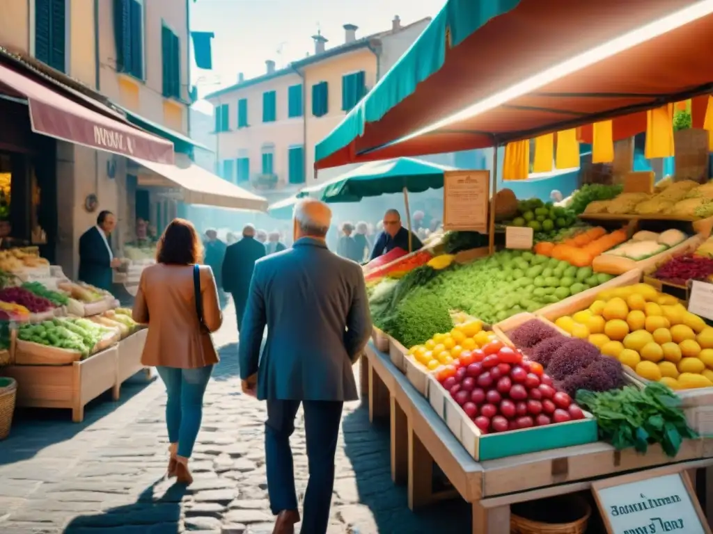 Un mercado mediterráneo vibrante en Italia transforma la salud con su variedad de productos frescos y coloridos bajo el cálido sol