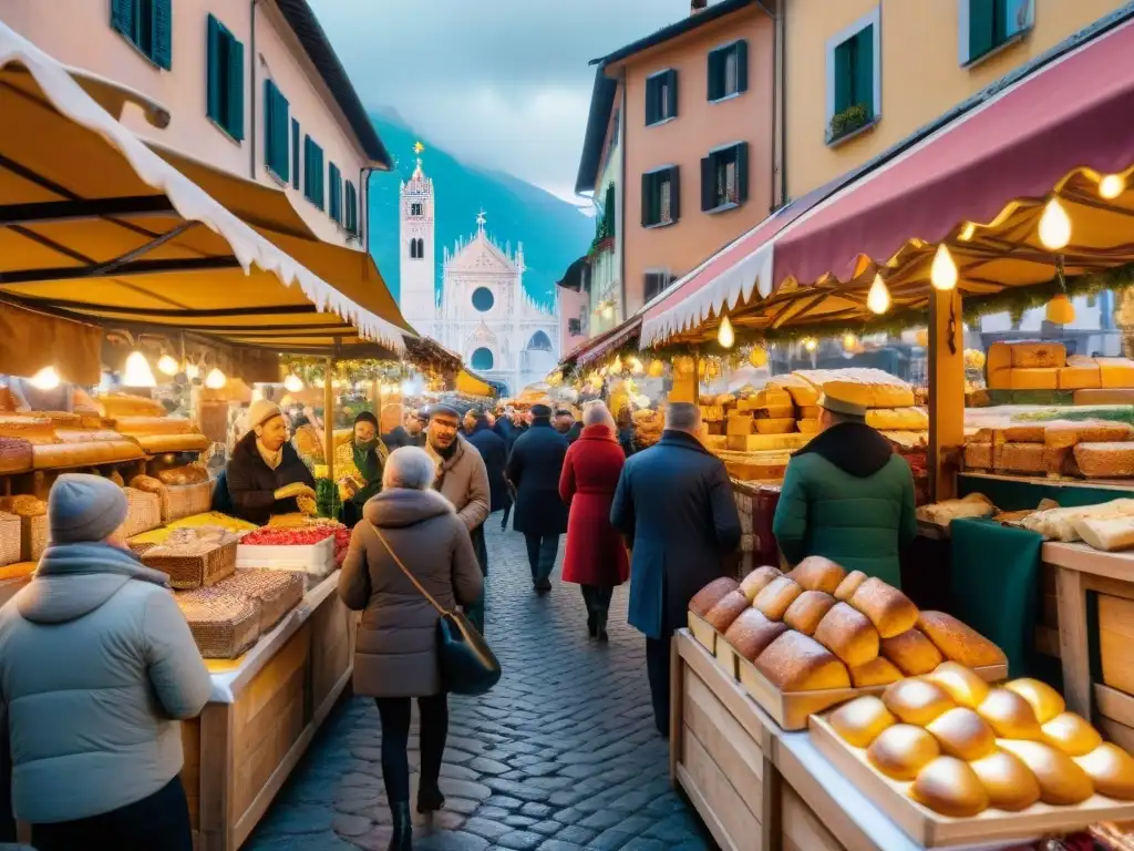 Mercado navideño italiano con tradición culinaria: panettone, torrone y pandoro, envuelto en espíritu festivo