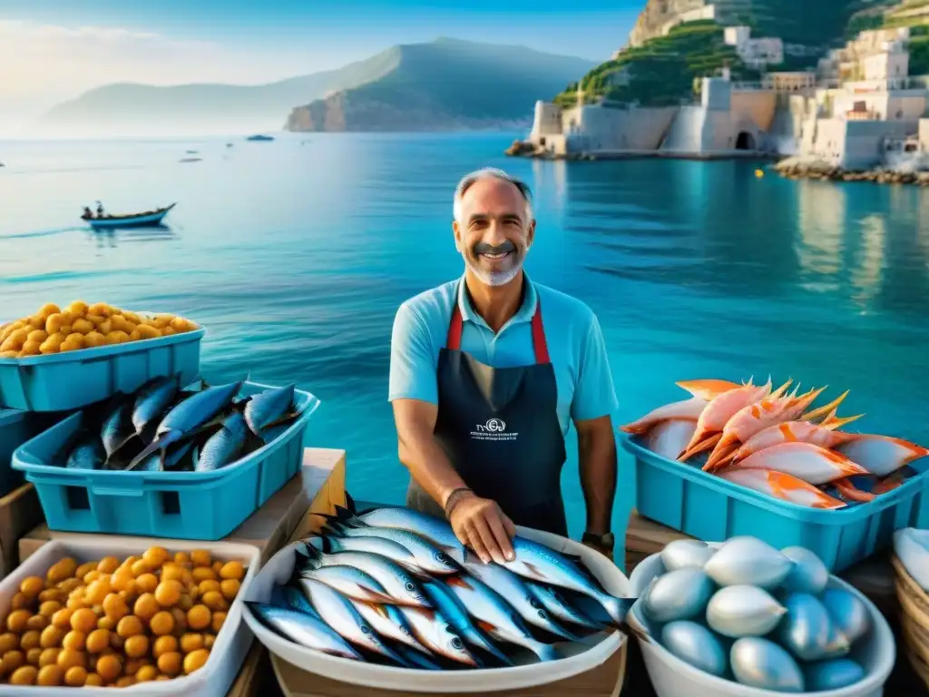 Un mercado de pescado bullicioso a lo largo de la costa sur de Italia con pescadores locales y delicias marinas