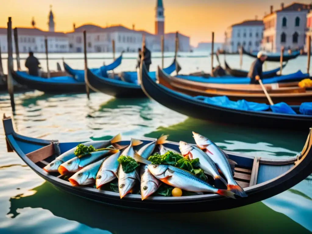 Mercado de pescado en Venecia: tradición culinaria y frescura del mar Un mercado de pescado bullicioso en Venecia al amanecer, pescadores descargan sus capturas mientras chefs inspeccionan