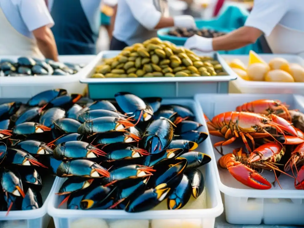 Un mercado de pescado italiano bullicioso con una variedad colorida de mariscos frescos en camas de hielo