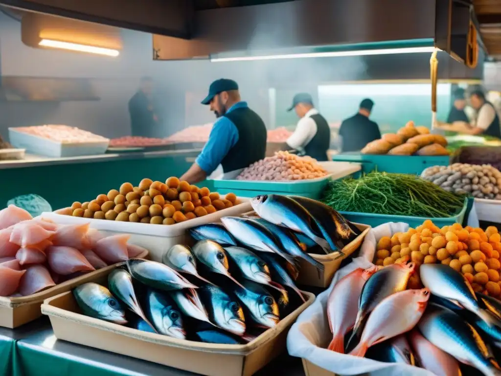 Mercado de pescado en Livorno con pescadores locales descargando su pesca del día, reflejando el sabor auténtico Cacciucco Livornese