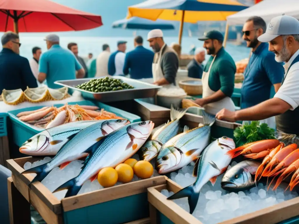 Un mercado de pescados y mariscos en cocina italiana, con variedad de productos frescos y coloridos