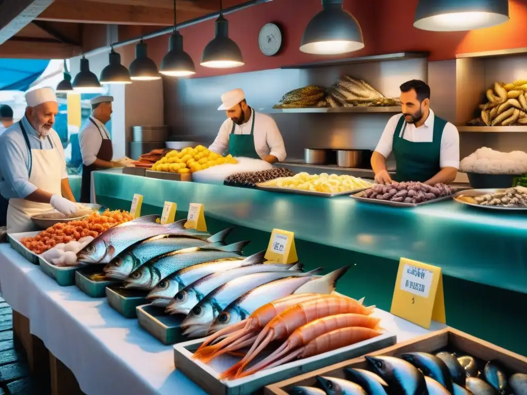 Un mercado pesquero italiano lleno de vida con pescados y mariscos frescos