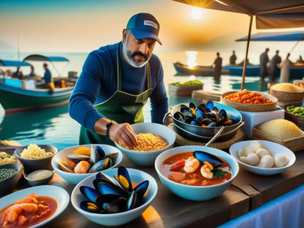 Un mercado pesquero vibrante en Italia, con puestos coloridos rebosantes de mariscos frescos