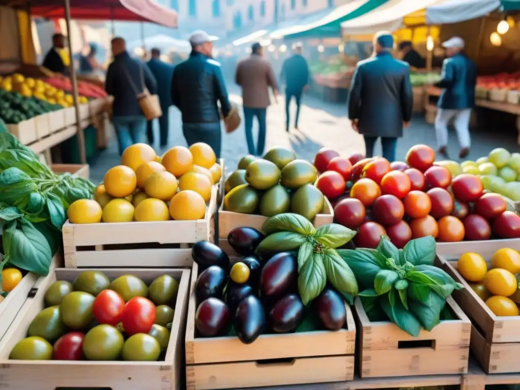 Puesto de mercado en Liguria con platos típicos de la cocina italiana, colores vibrantes y ambiente bullicioso