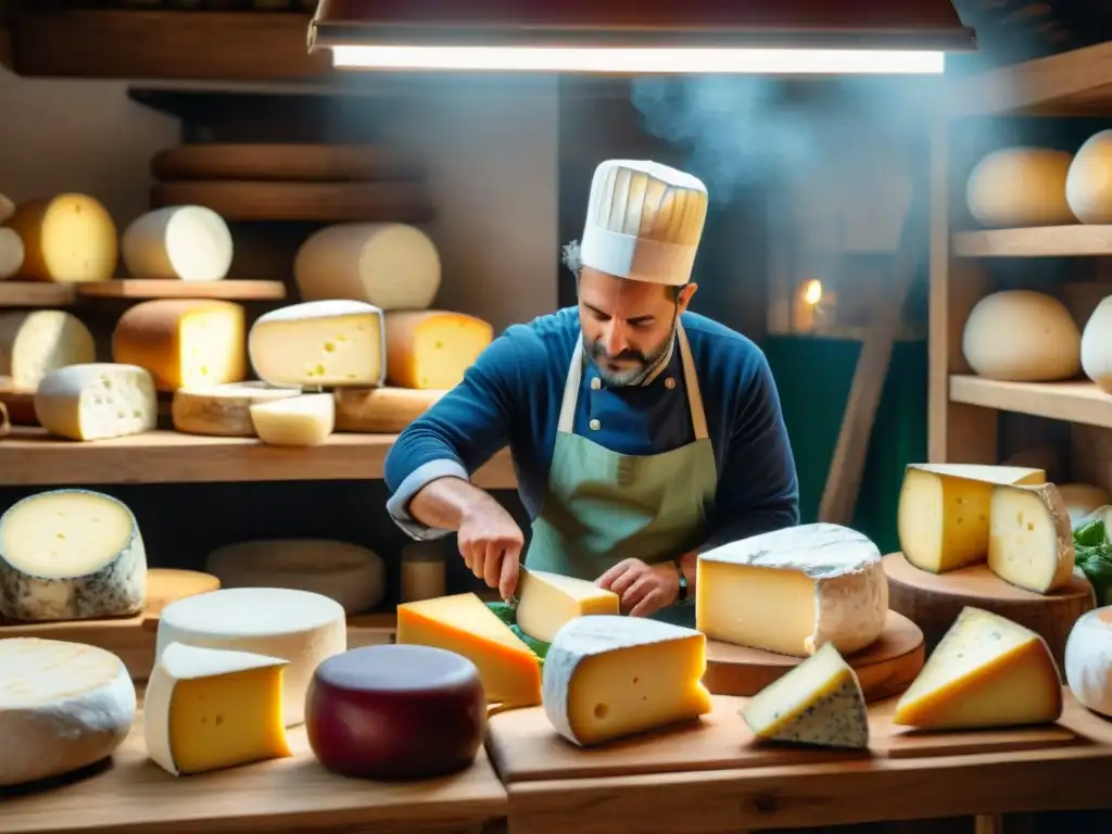 Un mercado de quesos italiano con una amplia variedad de quesos artesanales, destacando la tradición y las tendencias actuales del queso en Italia