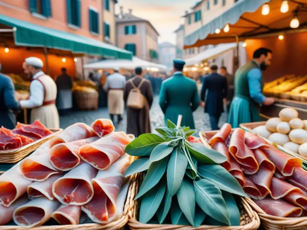 Un mercado romano bullicioso con puestos llenos de prosciutto, salvia y saltimbocca alla Romana