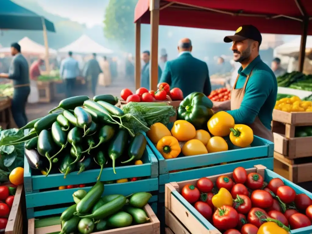 Mercado rústico italiano con verduras frescas y coloridas en cajas de madera bajo el sol, clientes seleccionando productos