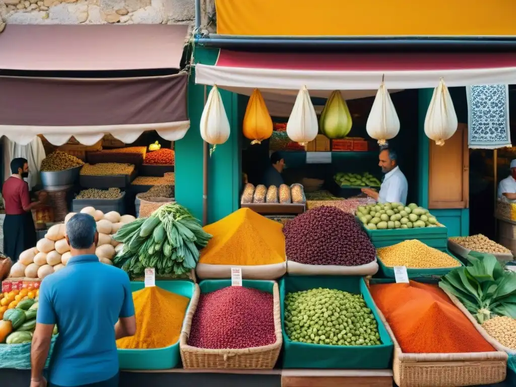 Un mercado siciliano bullicioso con influencia árabe: especias, pistachos y frutas cítricas, vendedores locales y el cálido sol mediterráneo