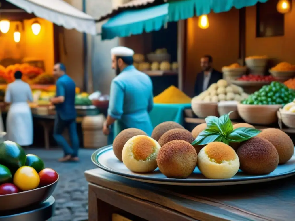 Un mercado siciliano bullicioso con influencia árabe en la cocina: coloridas especias, frutas frescas y vendedor presentando arancini a turistas