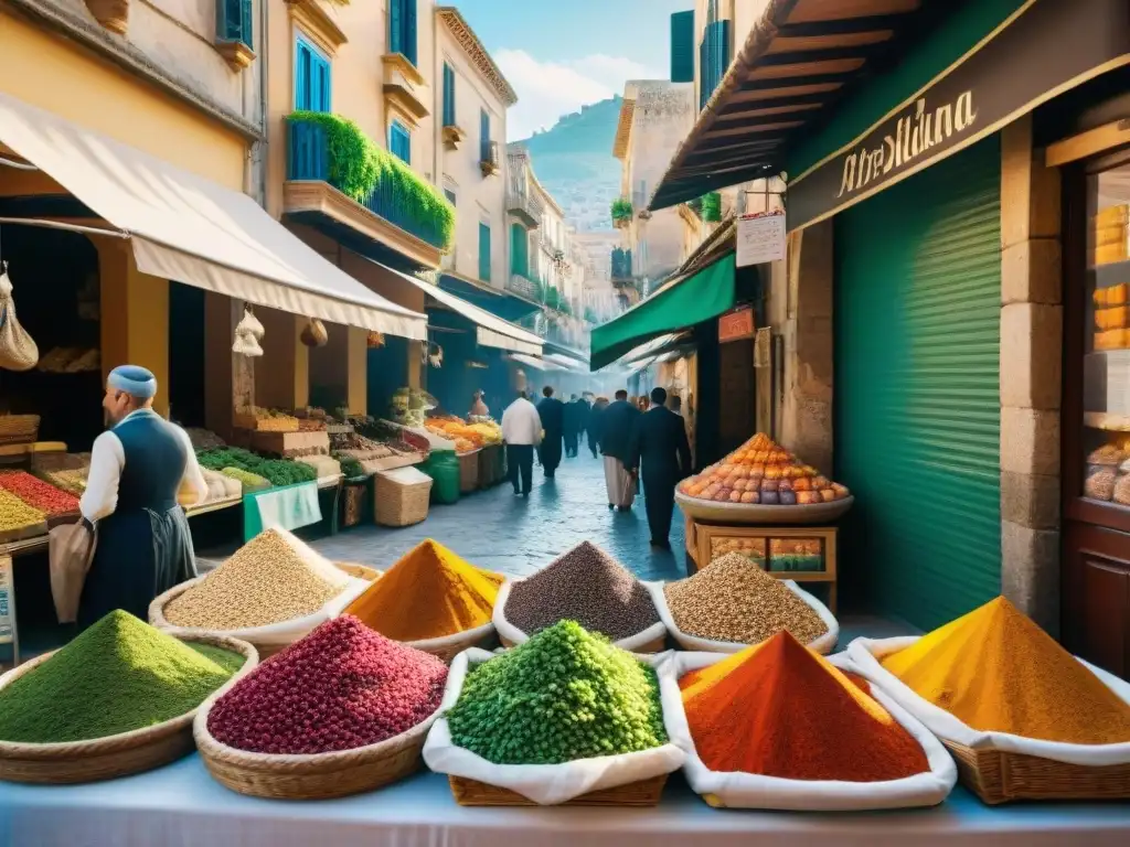 Un mercado siciliano bullicioso con influencia árabe en Palermo, resaltando especias, frutas y verduras