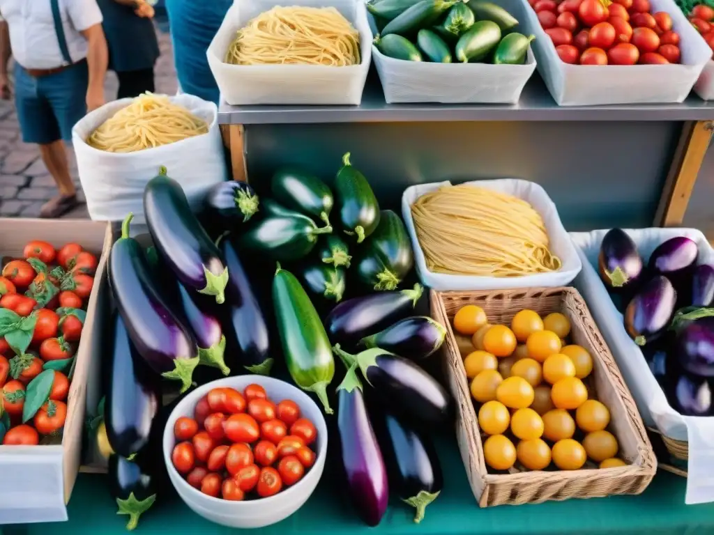 Un mercado siciliano bullicioso con ingredientes frescos para la receta vegetariana de Pasta alla Norma