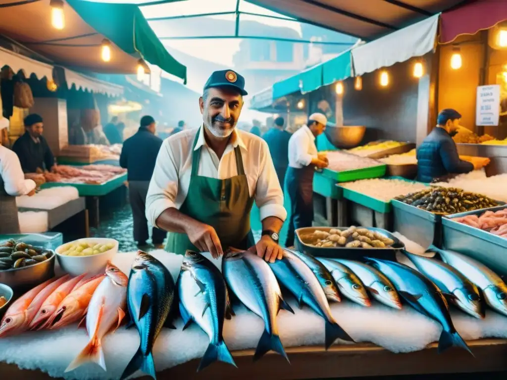 Un mercado siciliano bullicioso con pescados y mariscos frescos en hielo, pescadores locales y luz mediterránea vibrante