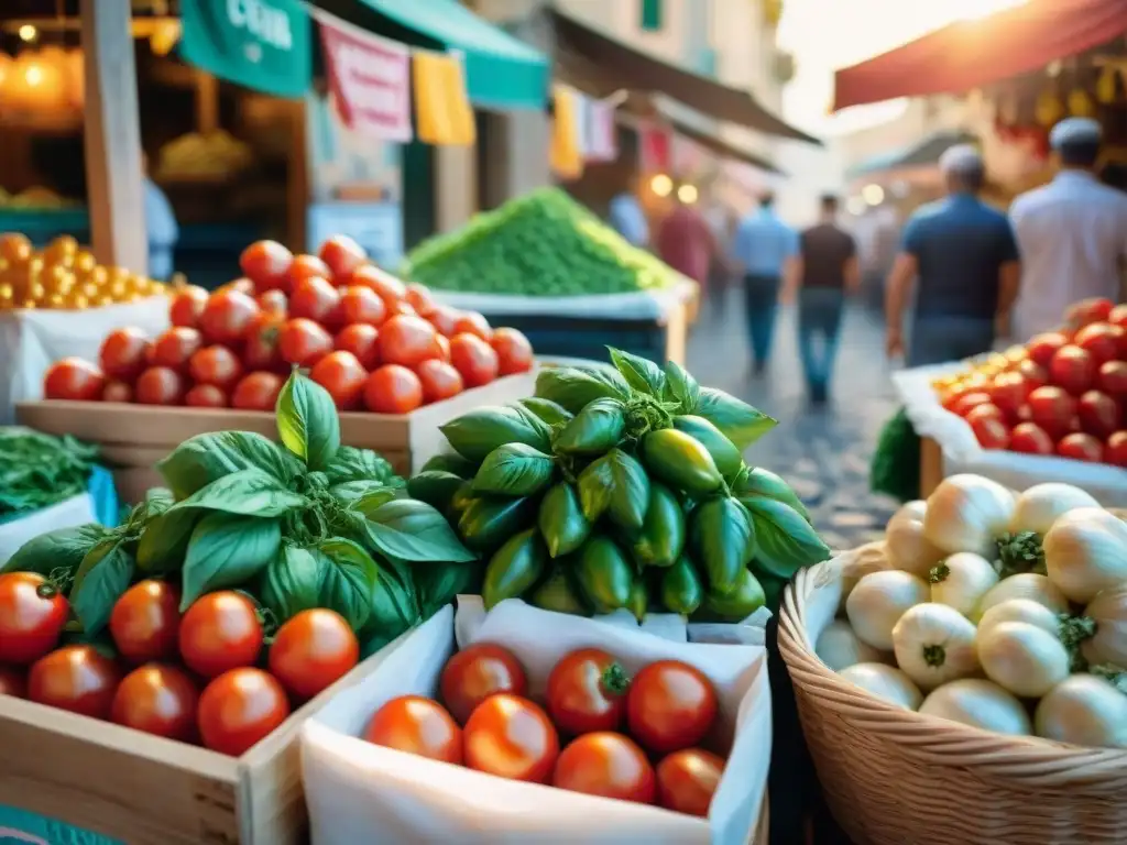 Un mercado siciliano bullicioso con tomates, albahaca y ajo frescos, locales regateando y banderas coloridas ondeando