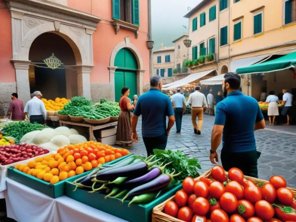 Puesto de mercado siciliano con Caponata siciliana receta tradicional y coloridos productos frescos en bulliciosa calle