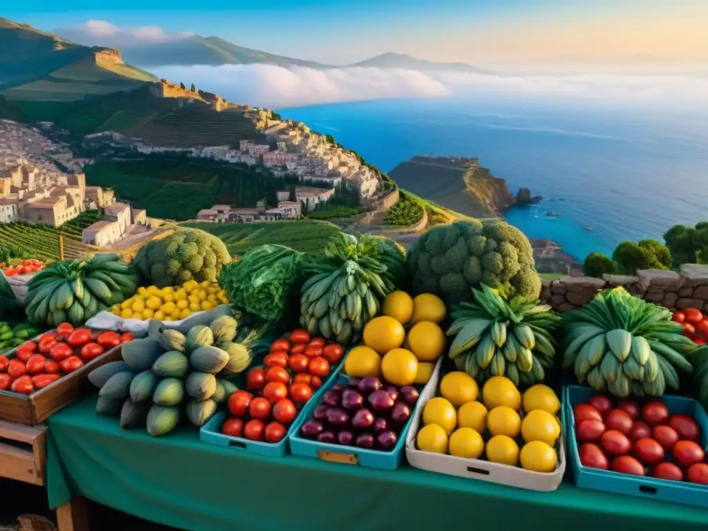 Un mercado siciliano rebosante de colores con productos frescos como tomates, alcachofas, aceitunas y limones