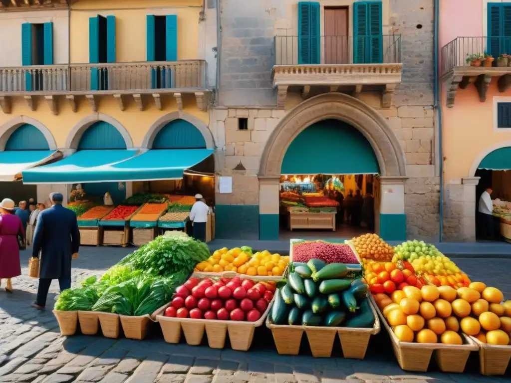 Un mercado siciliano vibrante con influencia normanda, repleto de colores y sabores locales