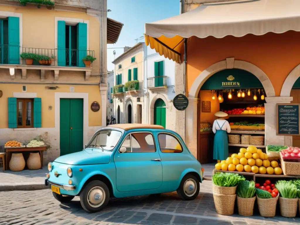 Un mercado tradicional en Apulia, Italia, donde locales eligen productos frescos bajo sombrillas coloridas