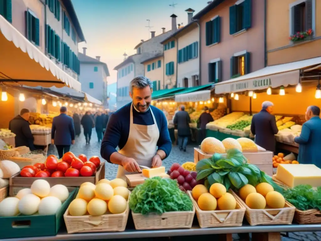 Un mercado tradicional bullicioso en el norte de Italia, iluminado por la mañana temprano